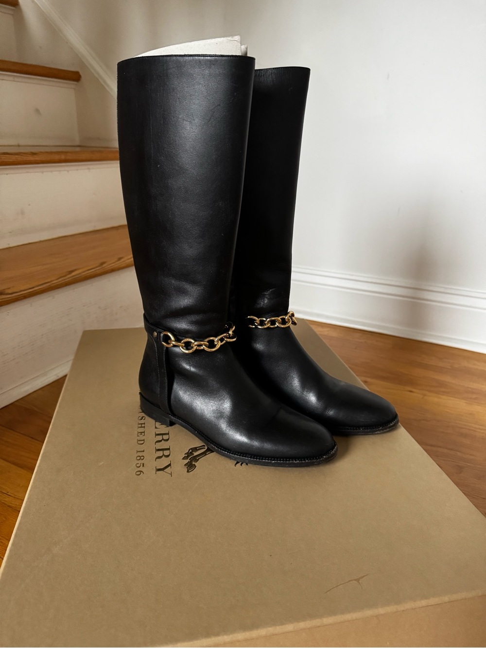 Burberry Black Leather Knee Boots with Gold Heel Trim